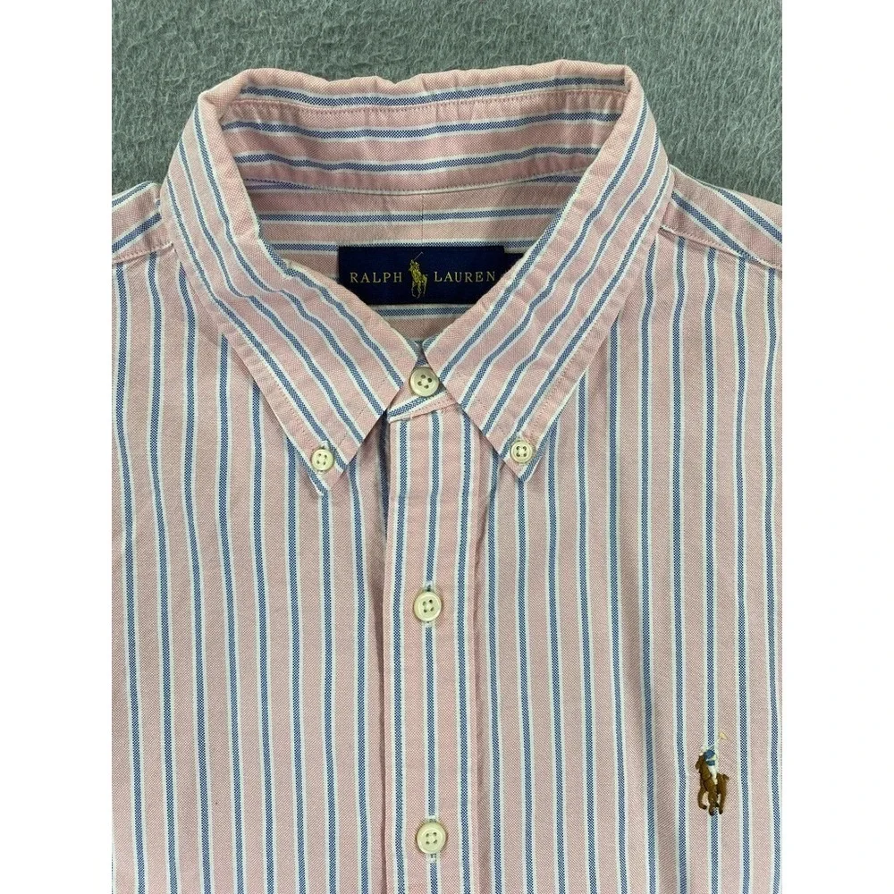 Polo Ralph Lauren Mens Large Shirt Button Down Pink Stripe Flesh Pony Long Sleev